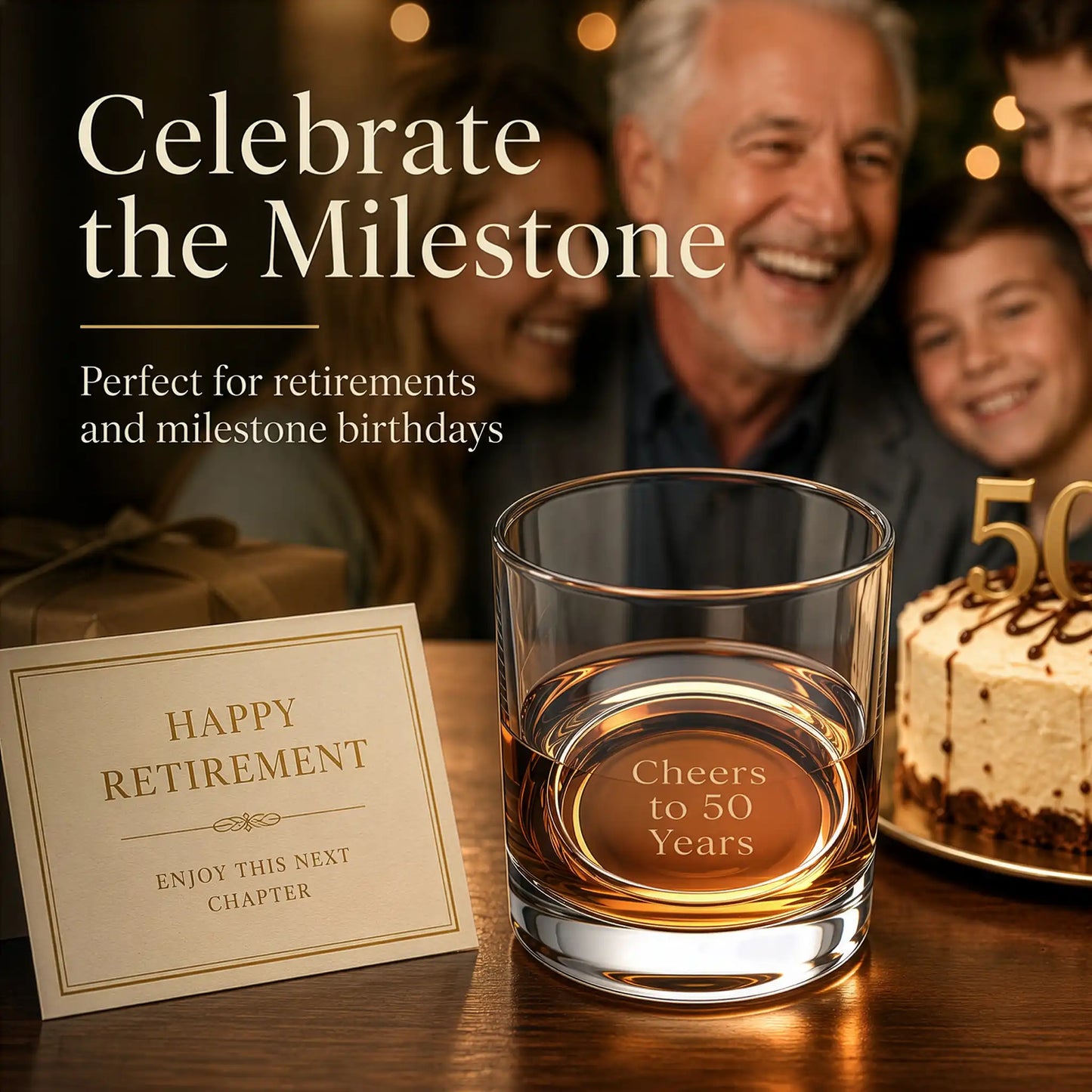 Retirement gift whiskey glass engraved "Cheers to 50 Years" at a milestone birthday celebration
