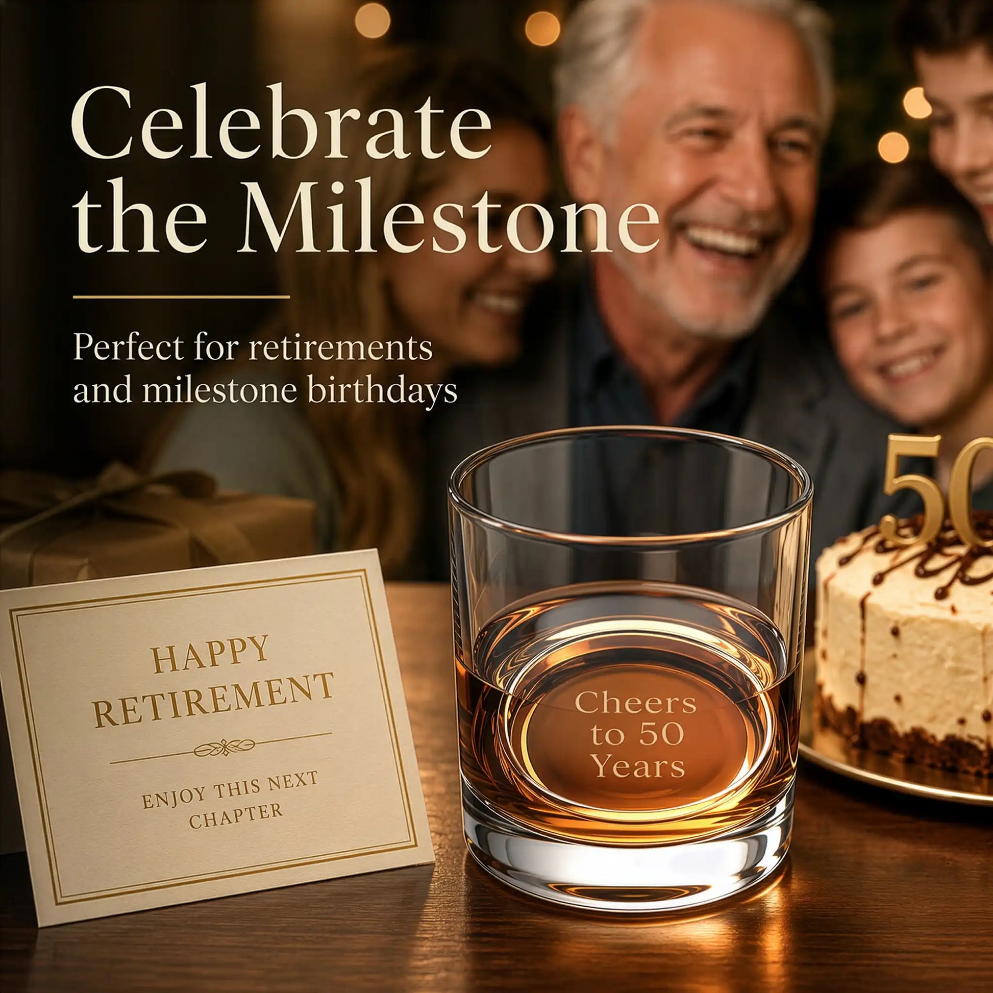 Retirement gift whiskey glass engraved "Cheers to 50 Years" at a milestone birthday celebration
