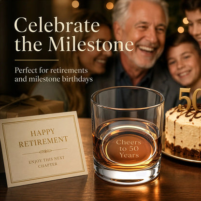 Retirement gift whiskey glass engraved "Cheers to 50 Years" at a milestone birthday celebration
