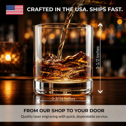Personalized whiskey rocks glass measuring 3-1/2 inches tall and 3-3/16 inches wide, made in the USA
