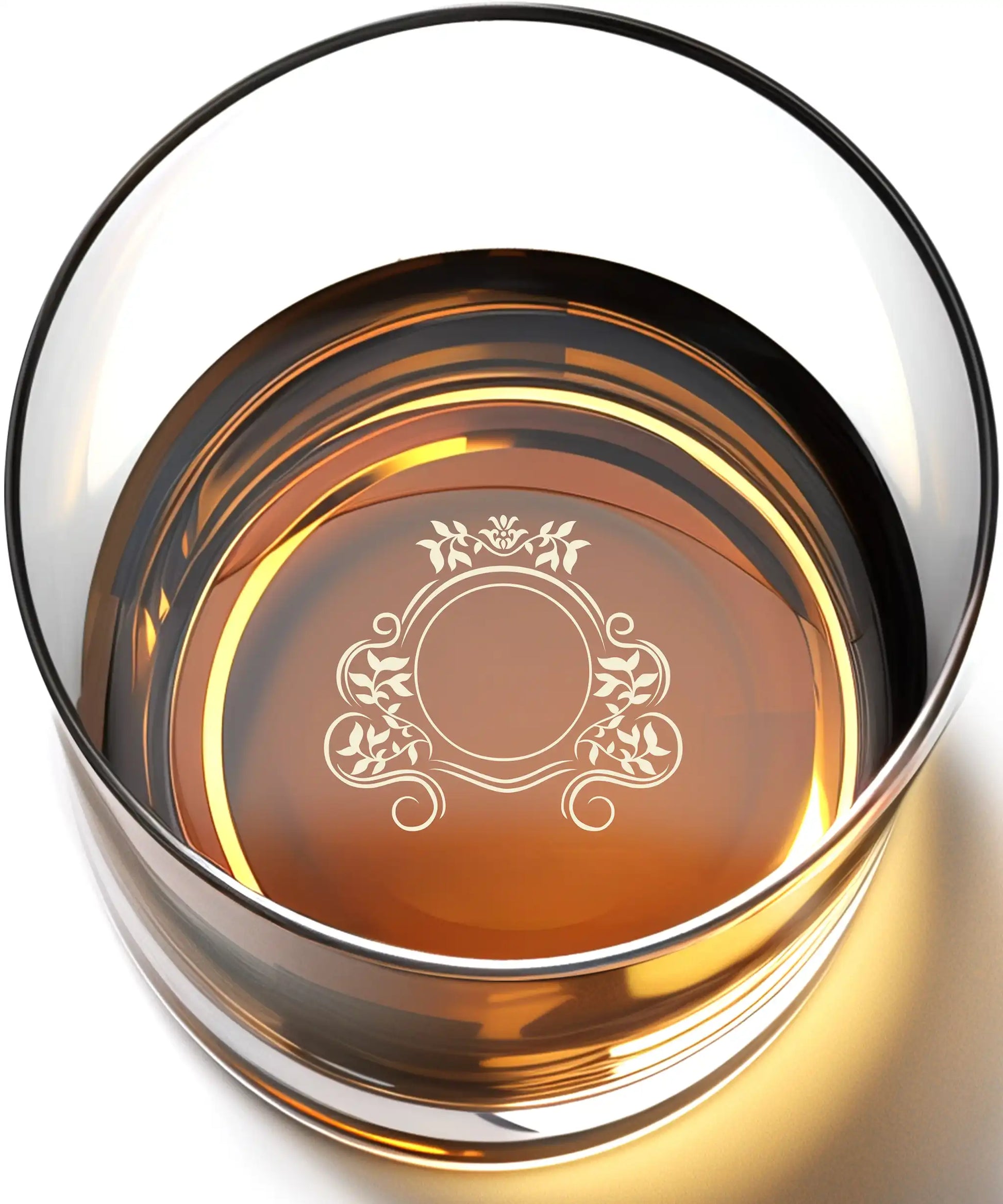 Personalized whiskey glass top down view with amber bourbon inside heavy rocks glass