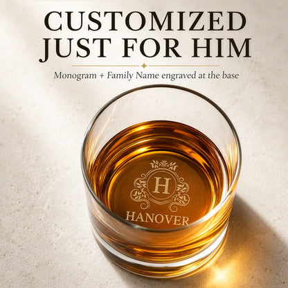 Personalized whiskey glass with monogram H and Hanover family name laser engraved on the base