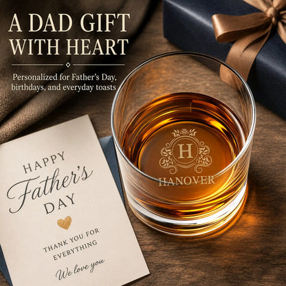 Personalized whiskey glass Father's Day gift paired with Happy Fathers Day card and navy gift box