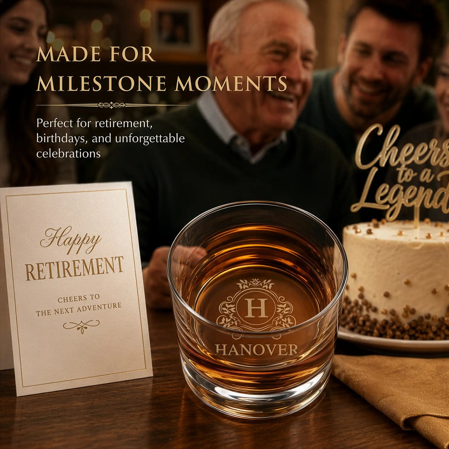 Personalized whiskey glass at a retirement celebration with Happy Retirement card and family toasting