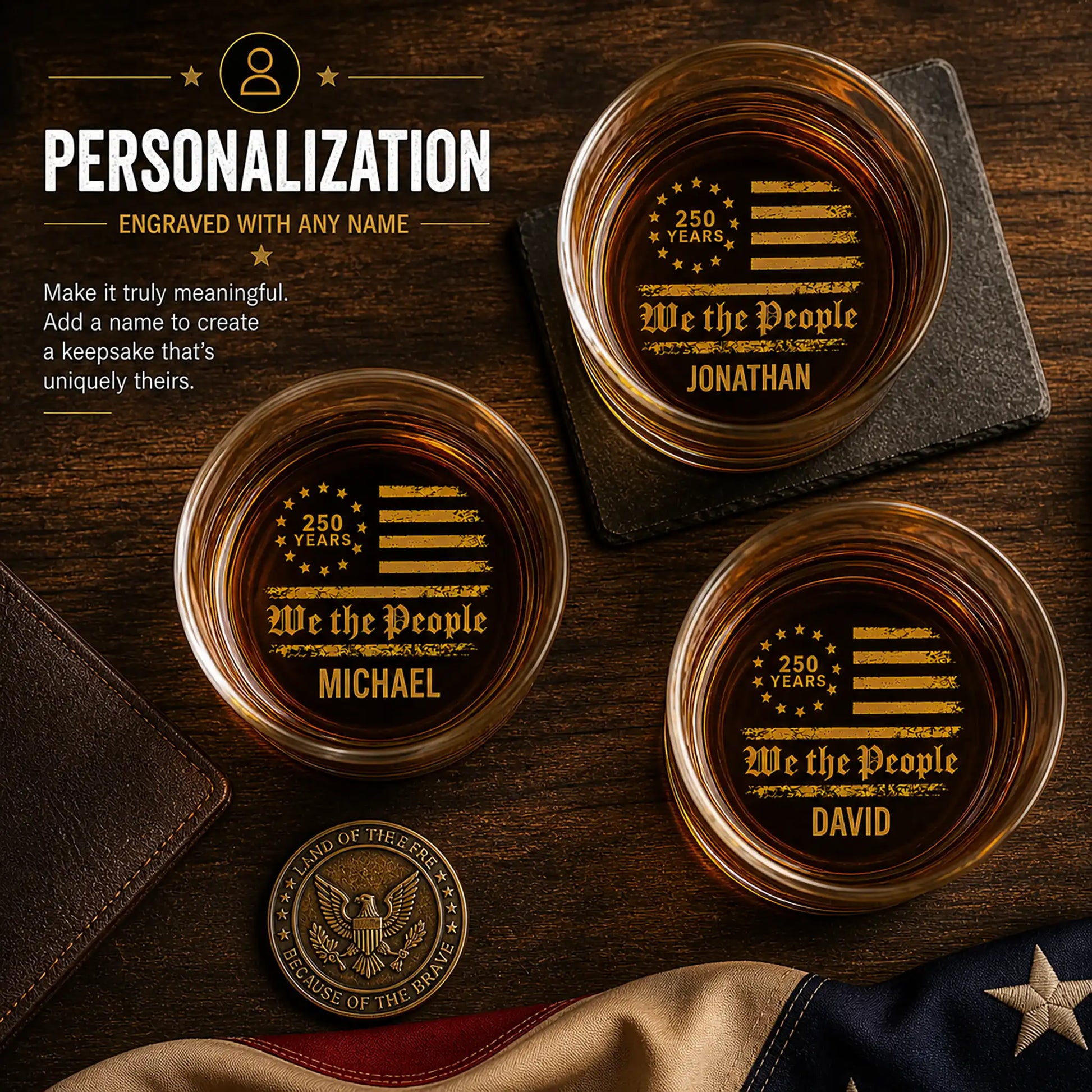 Personalized USA 250 We The People whiskey glass with custom names and distressed American flag laser engraved
