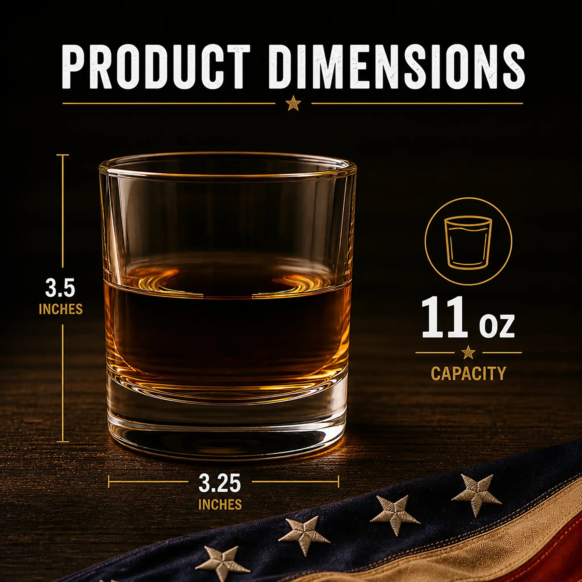 Personalized USA 250 whiskey glass shown with size dimensions of 3-1/2 inches tall by 3-3/16 inches wide
