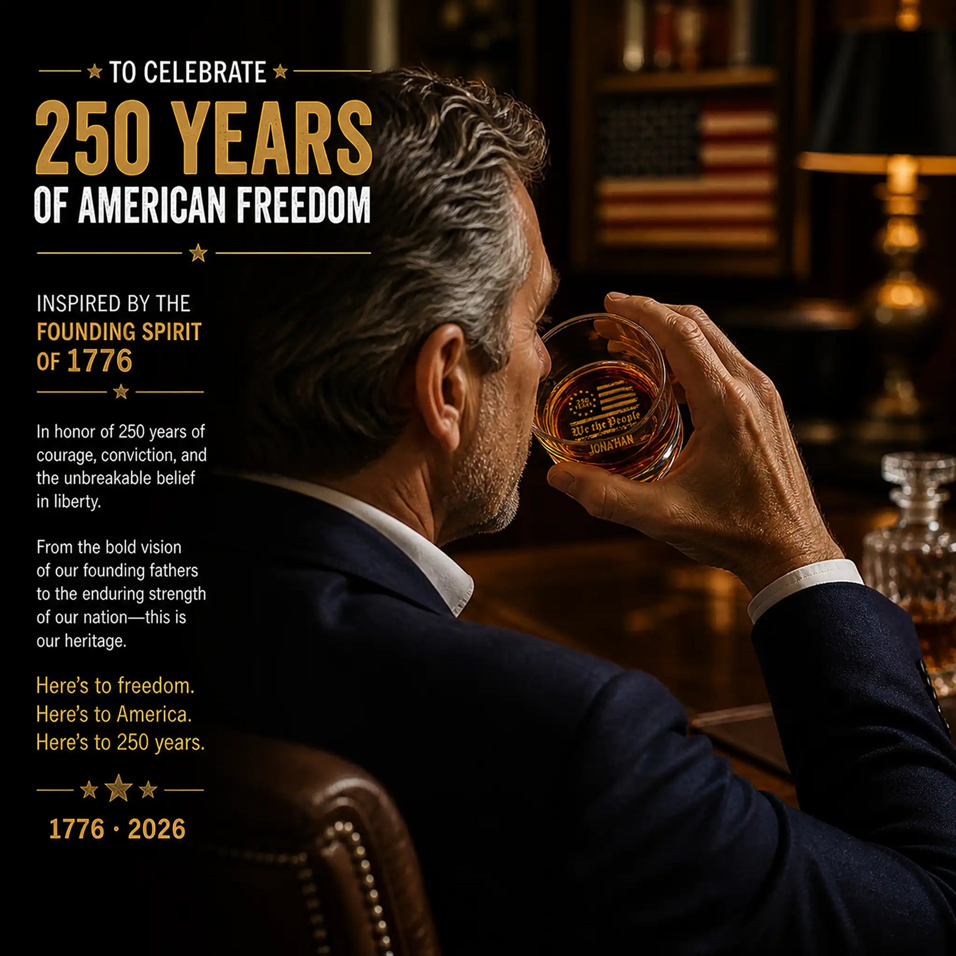 Personalized USA 250 whiskey glass held by a man enjoying bourbon at a bar
