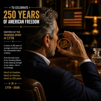 Personalized USA 250 whiskey glass held by a man enjoying bourbon at a bar
