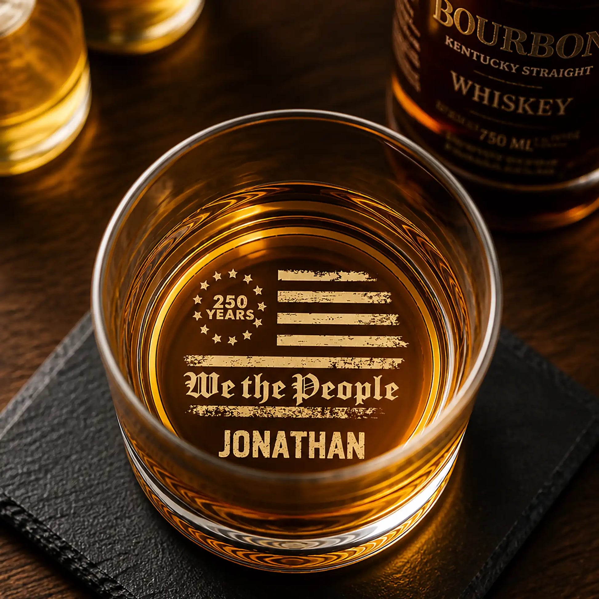 Personalized USA 250 We The People whiskey glass with custom name and distressed American flag laser engraved
