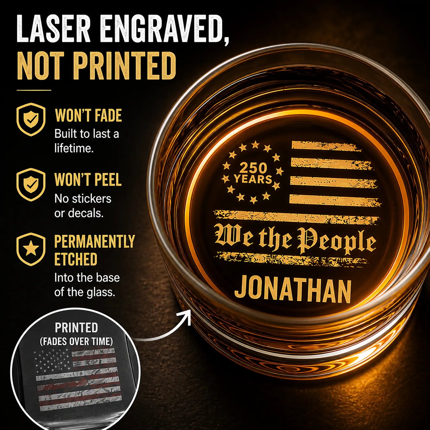 Close-up of laser engraved We The People design and 13-star flag on personalized whiskey glass
