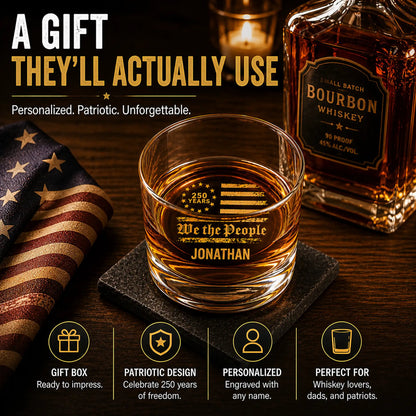Personalized USA 250 We The People whiskey glass styled on a home bar with a bottle of bourbon
