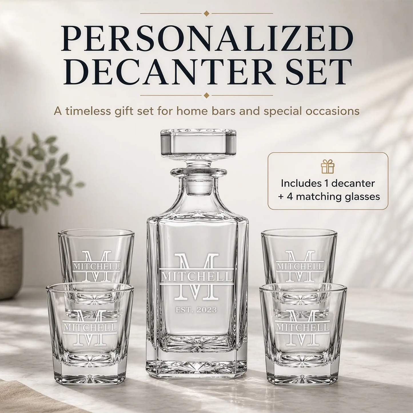 Personalized whiskey decanter set engraved with Mitchell family name and EST. 2023, includes one decanter and four matching glasses