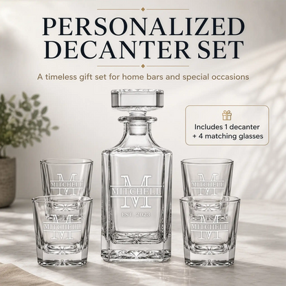 Personalized whiskey decanter set engraved with Mitchell family name and EST. 2023, includes one decanter and four matching glasses