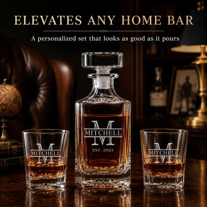Close-up of classic split monogram engraving with Mitchell family name and EST. 2023 on whiskey decanter and matching rocks glass