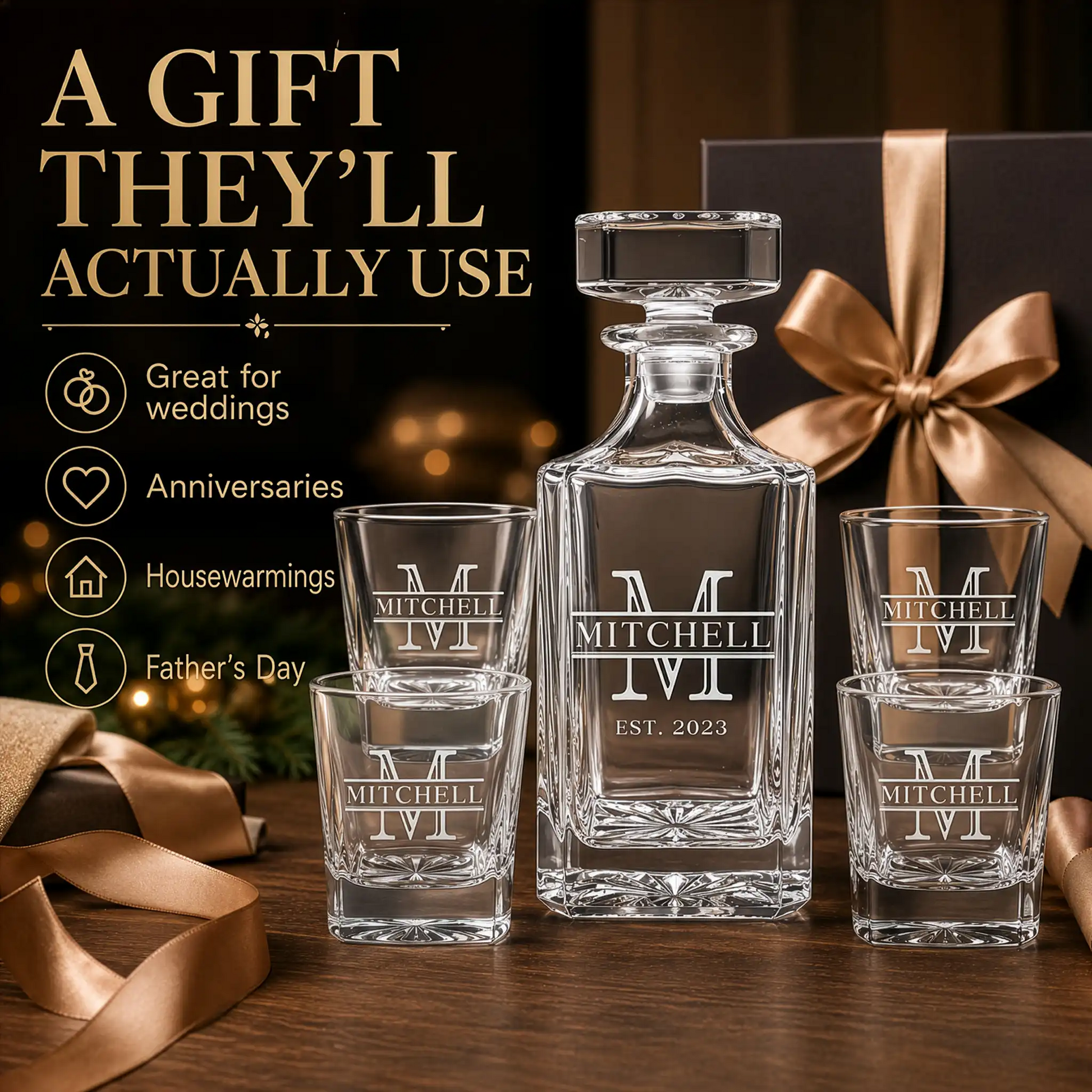 Three personalized whiskey decanter sets engraved with Mitchell, Carter, and Harrison family names showing custom name and established year options