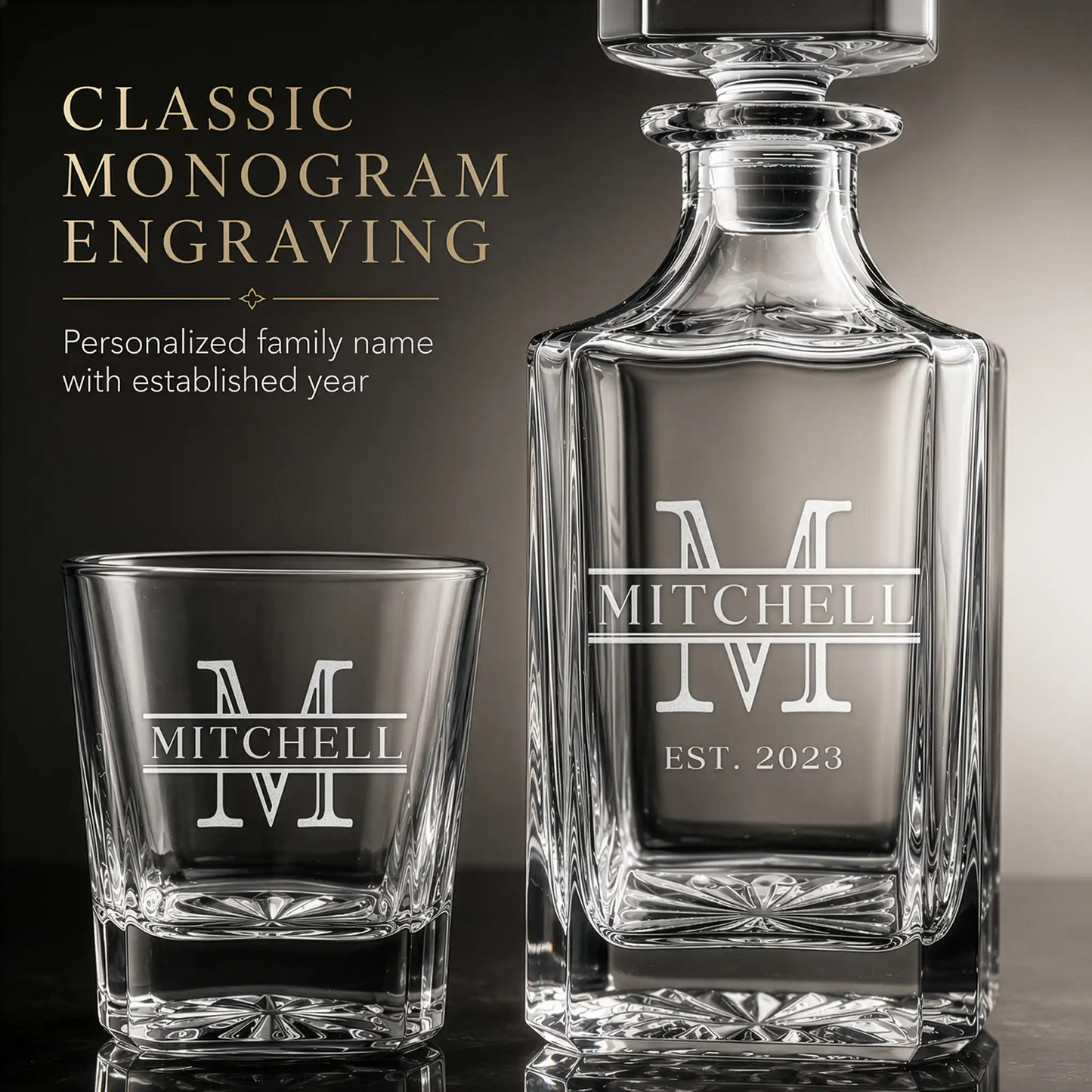 Personalized Mitchell family whiskey decanter filled with bourbon beside two engraved rocks glasses in a home bar setting