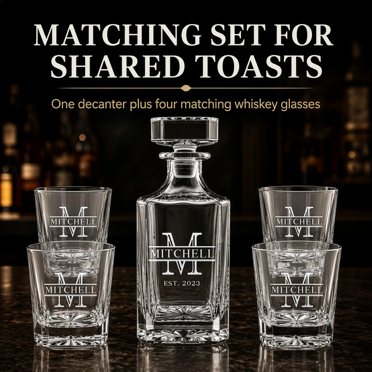 Personalized Mitchell decanter set with four matching glasses and gift box, ideal for weddings, anniversaries, housewarmings, and Father's Day