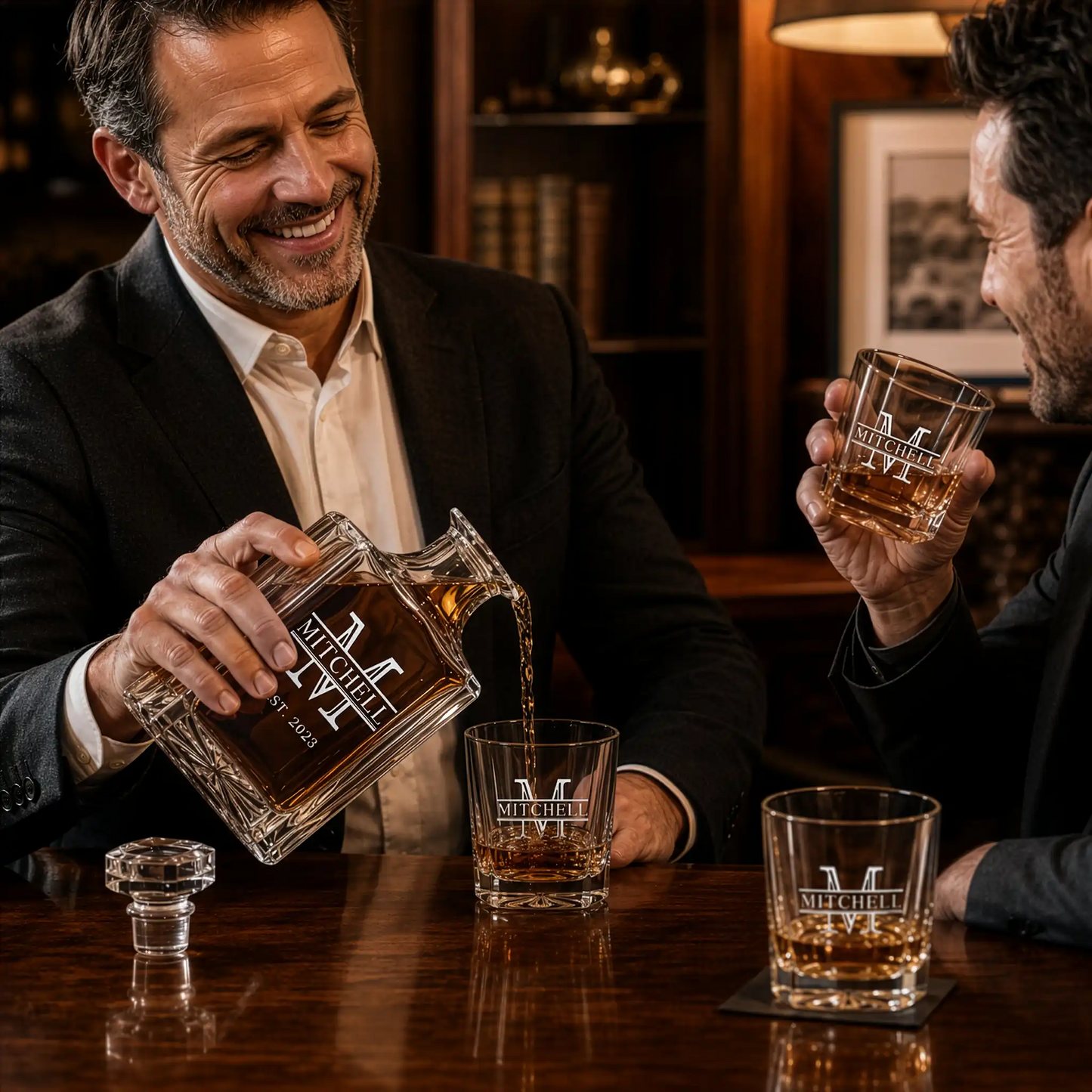 Two men in a wood-paneled study toasting with personalized Mitchell decanter and matching engraved whiskey glasses