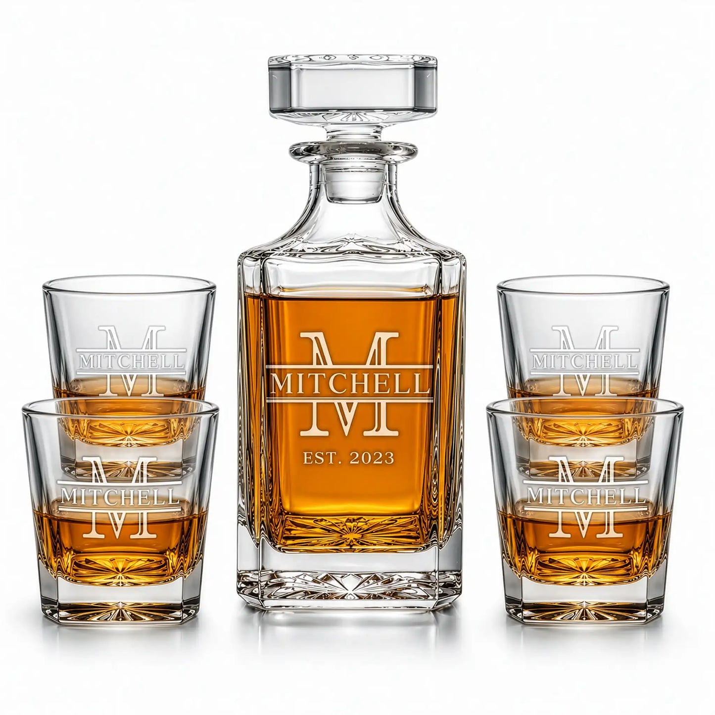  whiskey decanter set with four glasses on a white background