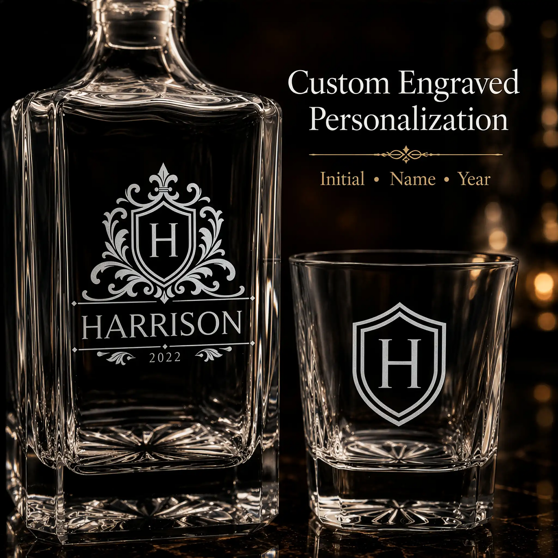Custom engraved whiskey decanter gift set including one personalized decanter and four matching rocks glasses
