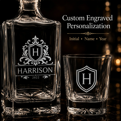Custom engraved whiskey decanter gift set including one personalized decanter and four matching rocks glasses