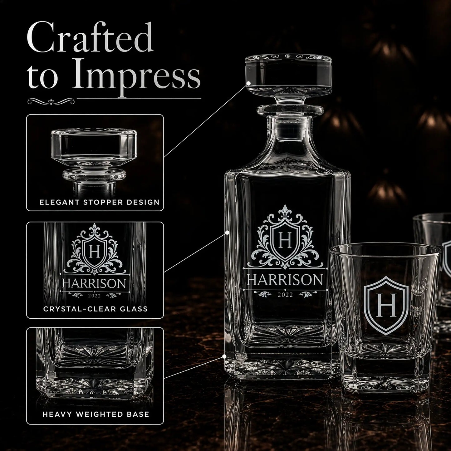 Close-up of personalized whiskey decanter and glass with custom engraved initial, name, year, and crest design