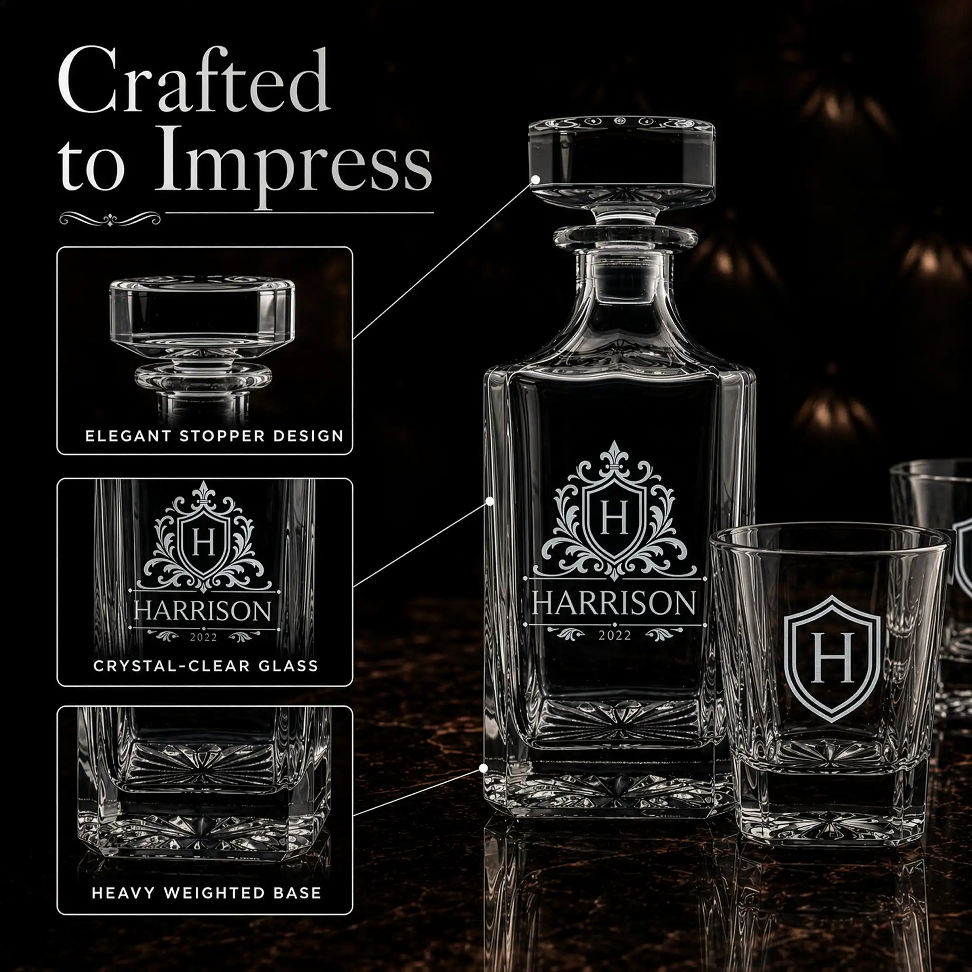 Close-up of personalized whiskey decanter and glass with custom engraved initial, name, year, and crest design