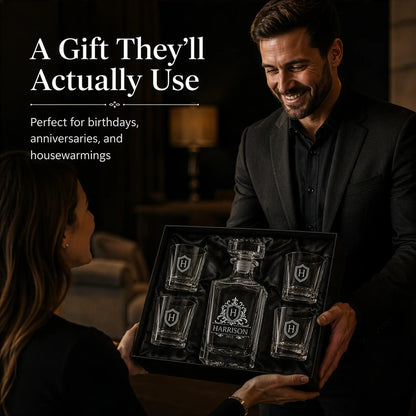 Personalized whiskey decanter set presented as a luxury gift for birthdays, anniversaries, and housewarmings