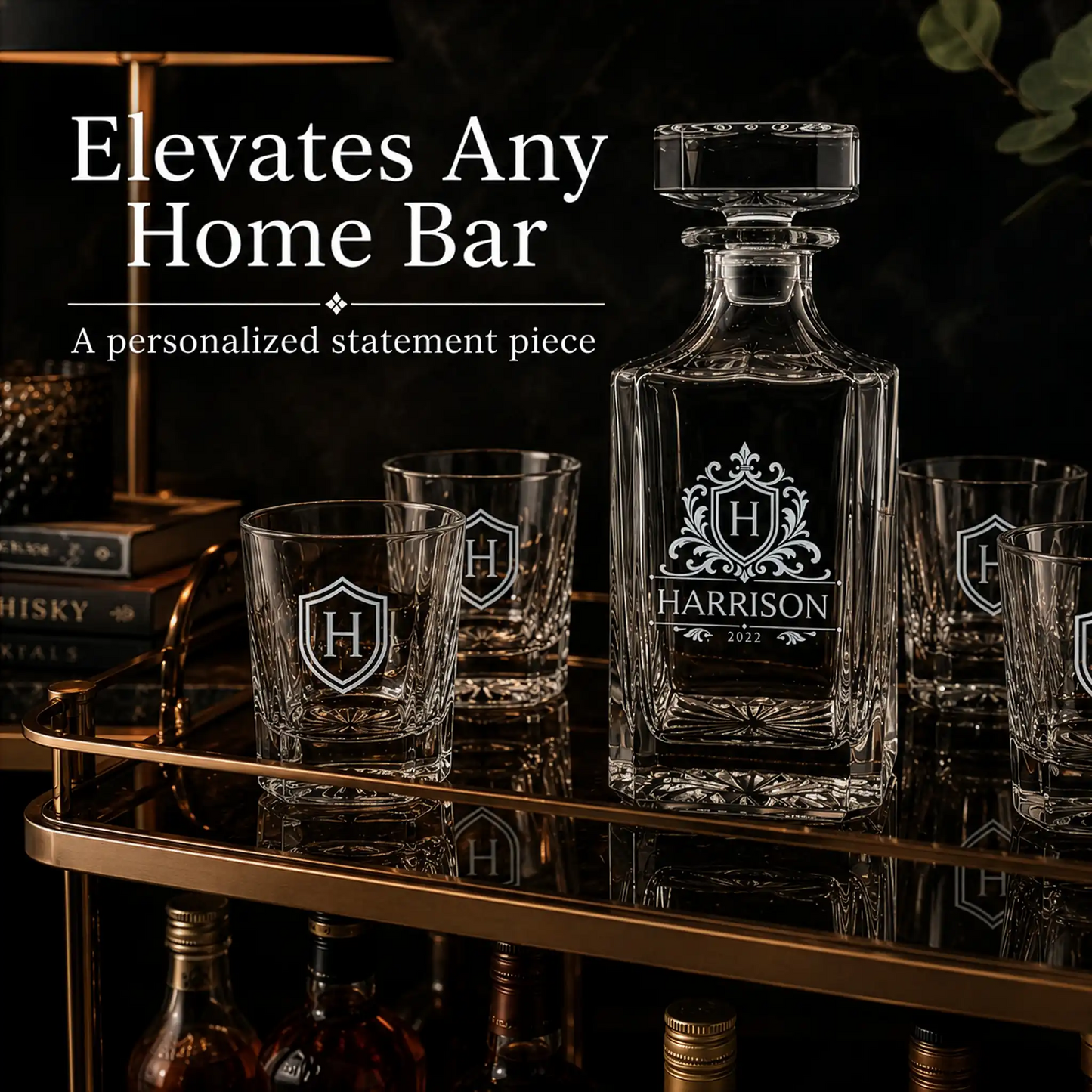 Personalized whiskey decanter and glass set displayed on an upscale home bar cart