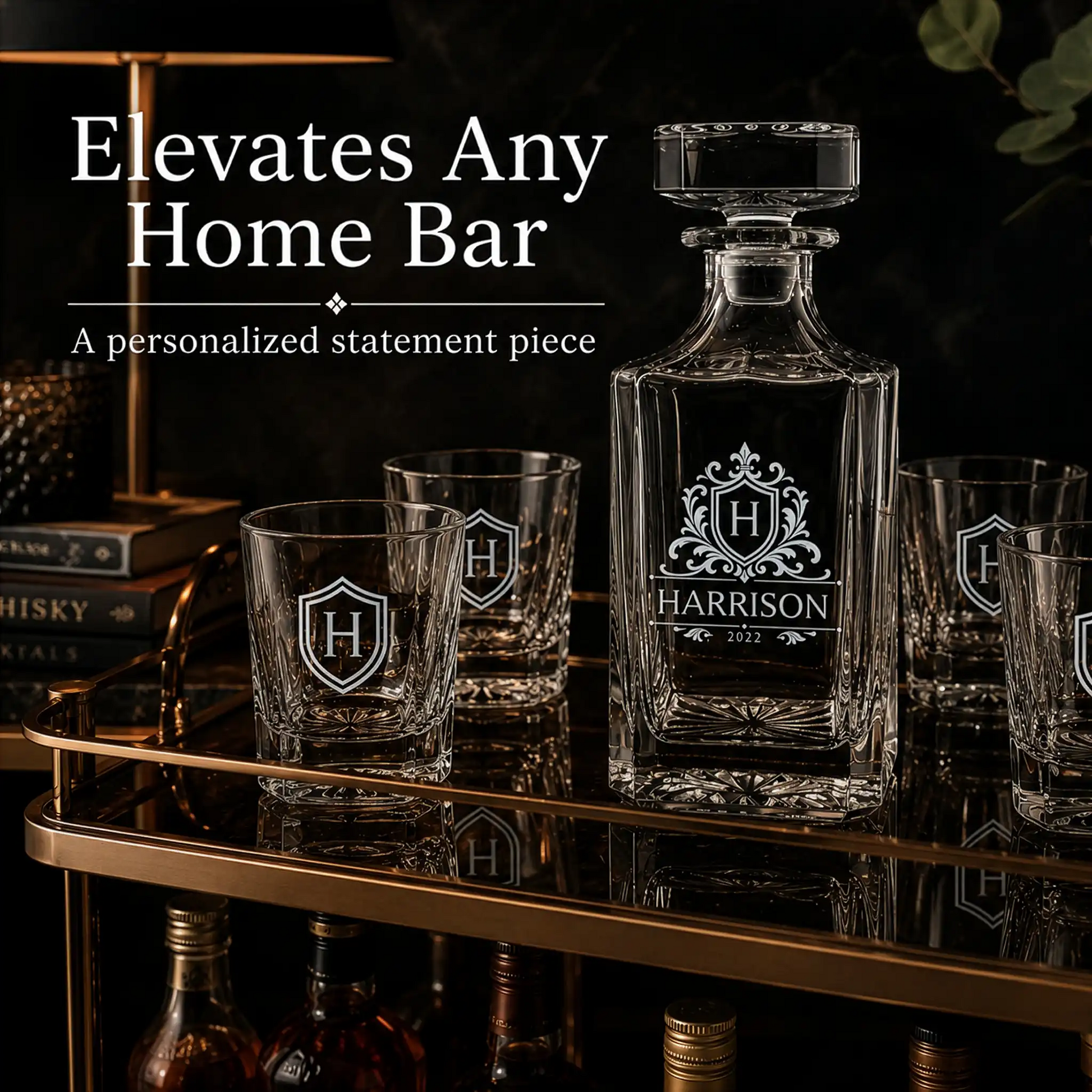Personalized whiskey decanter and glass set displayed on an upscale home bar cart