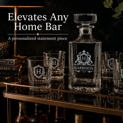 Personalized whiskey decanter and glass set displayed on an upscale home bar cart