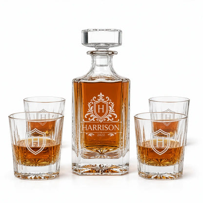 Personalized decanter set with 4 glasses and crest design with whiskey