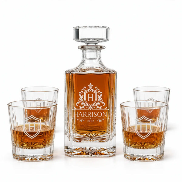 Personalized decanter set with 4 glasses and crest design with whiskey