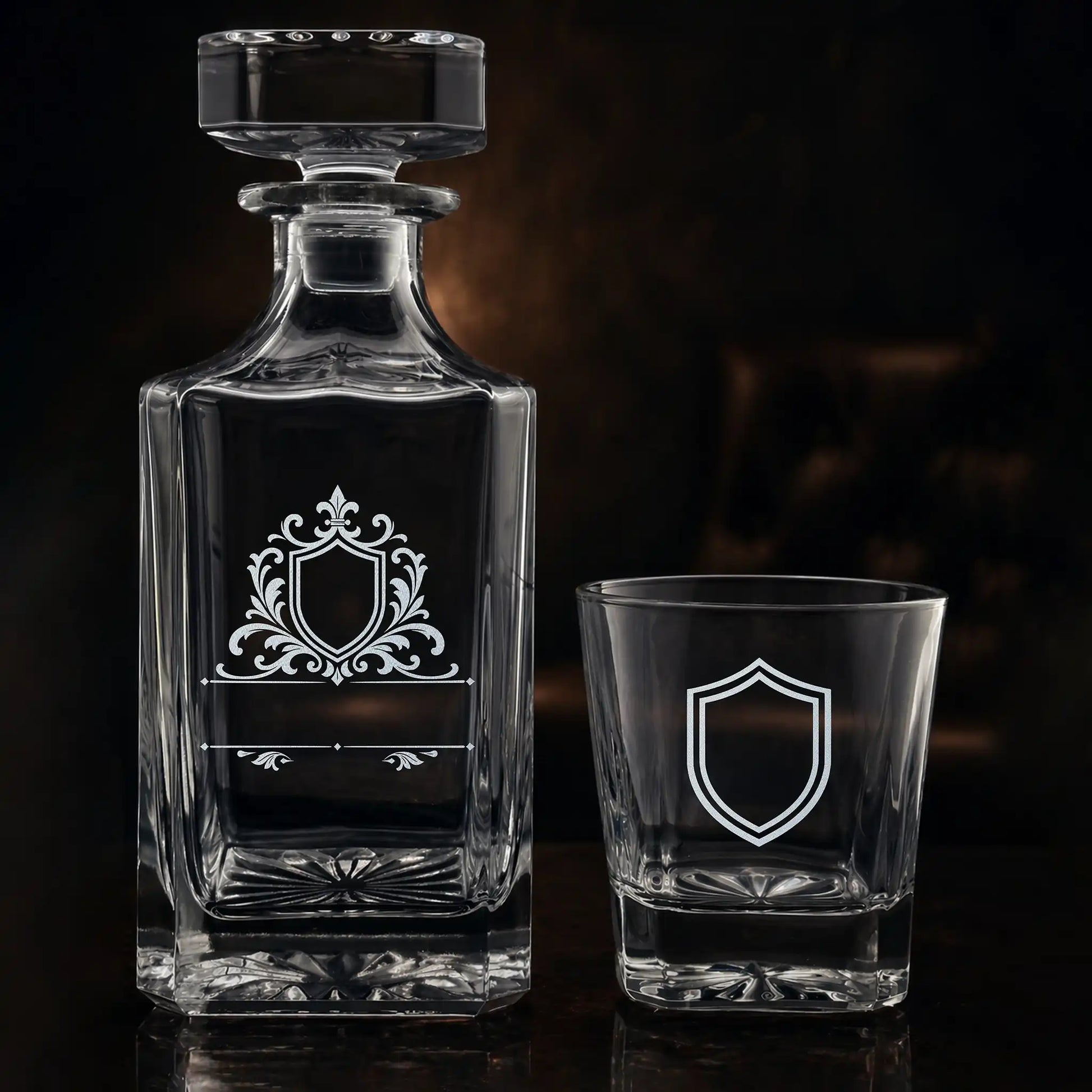 Personalized royal crest decanter set styled with a bottle of bourbon on a dark wood bar