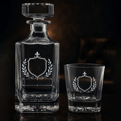 Whiskey decanter and glass with laurel crest design ready for personalization options