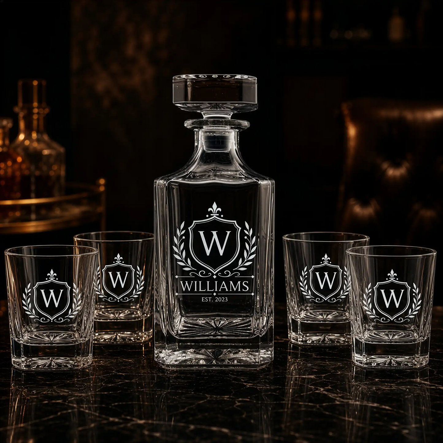 Personalized whiskey decanter gift set with 4 engraved rocks glasses, Williams family monogram and Est. 2023 shield crest design