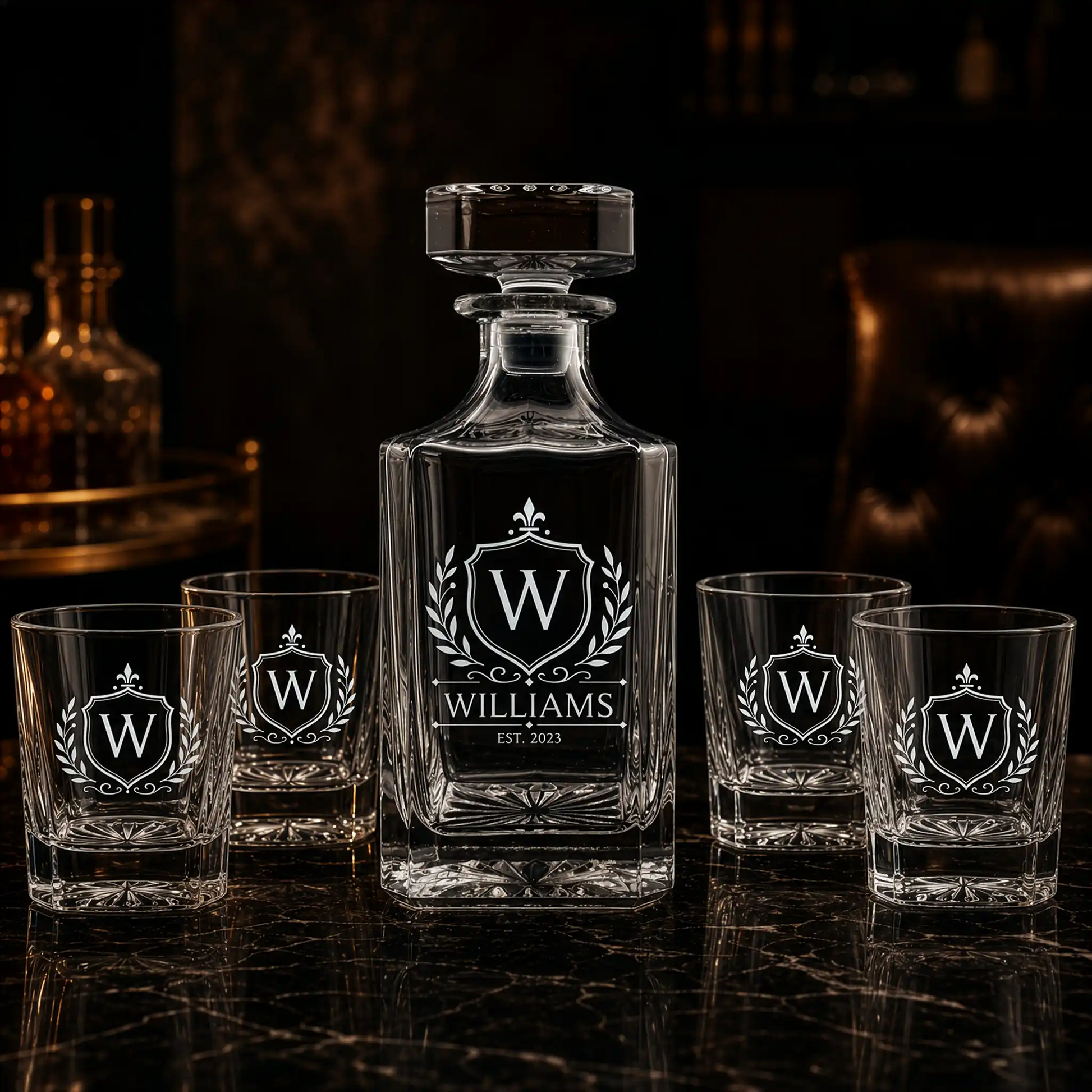 Personalized whiskey decanter gift set with 4 engraved rocks glasses, Williams family monogram and Est. 2023 shield crest design