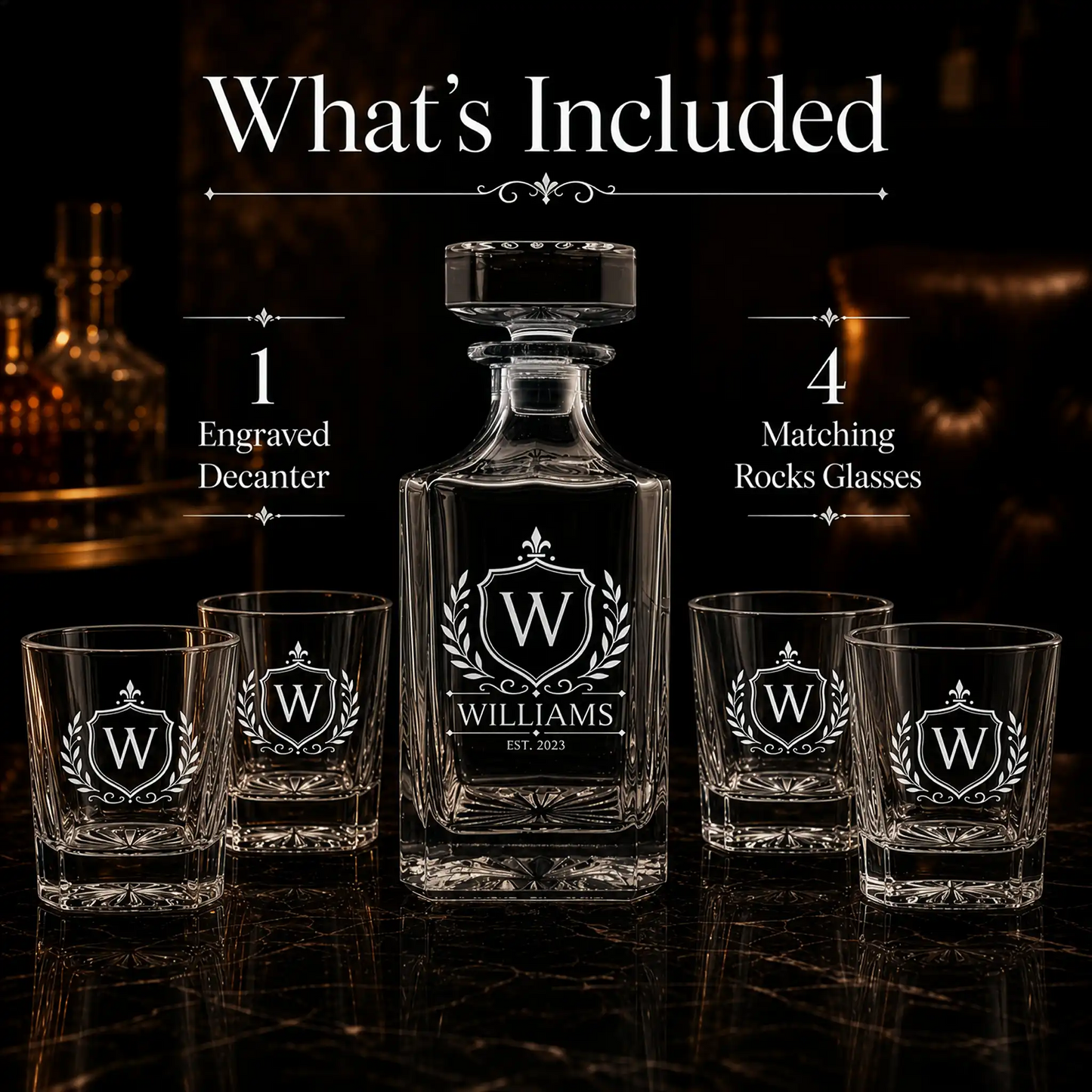 What's included: 1 engraved whiskey decanter and 4 matching rocks glasses with personalized monogram shield design
