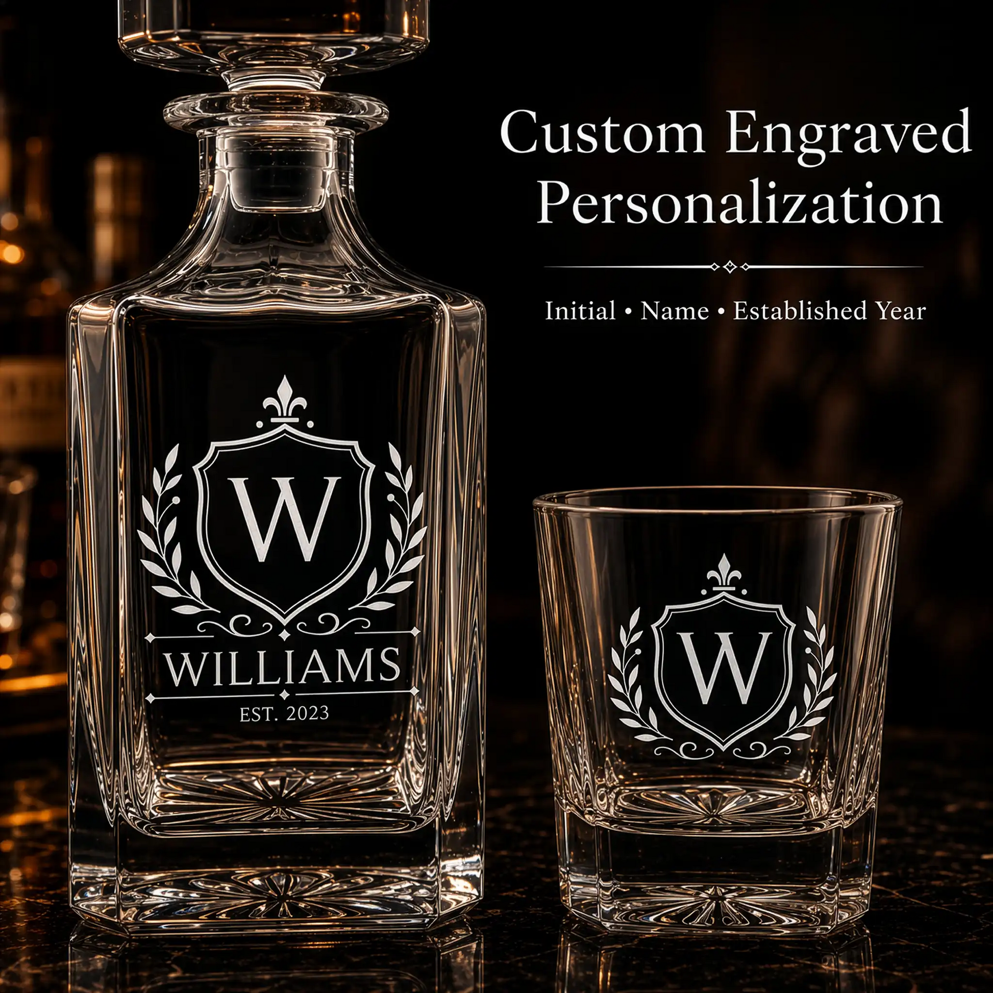 Custom engraved personalization options on whiskey decanter set showing initial, last name, and established year
