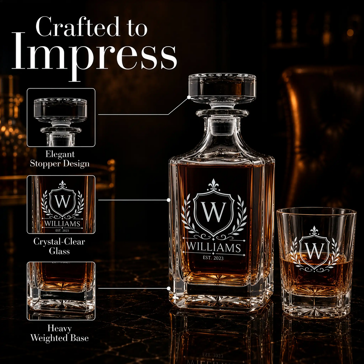 Personalized whiskey decanter set features close-up: stopper design, crystal clear glass, heavy weighted base
