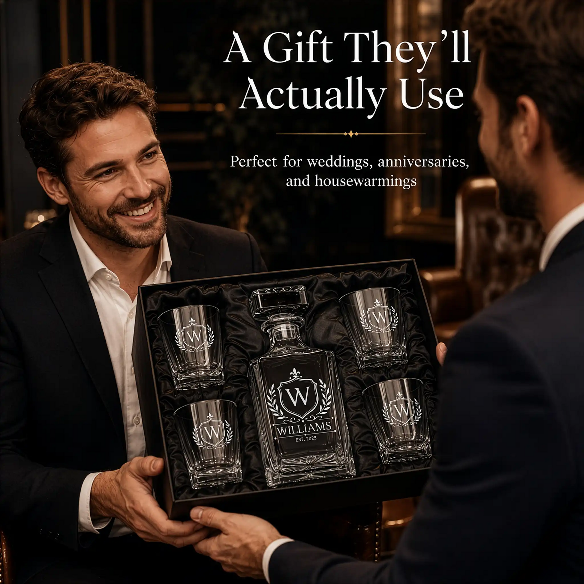 Man receiving boxed personalized whiskey decanter and glasses gift set for weddings, anniversaries, and housewarmings