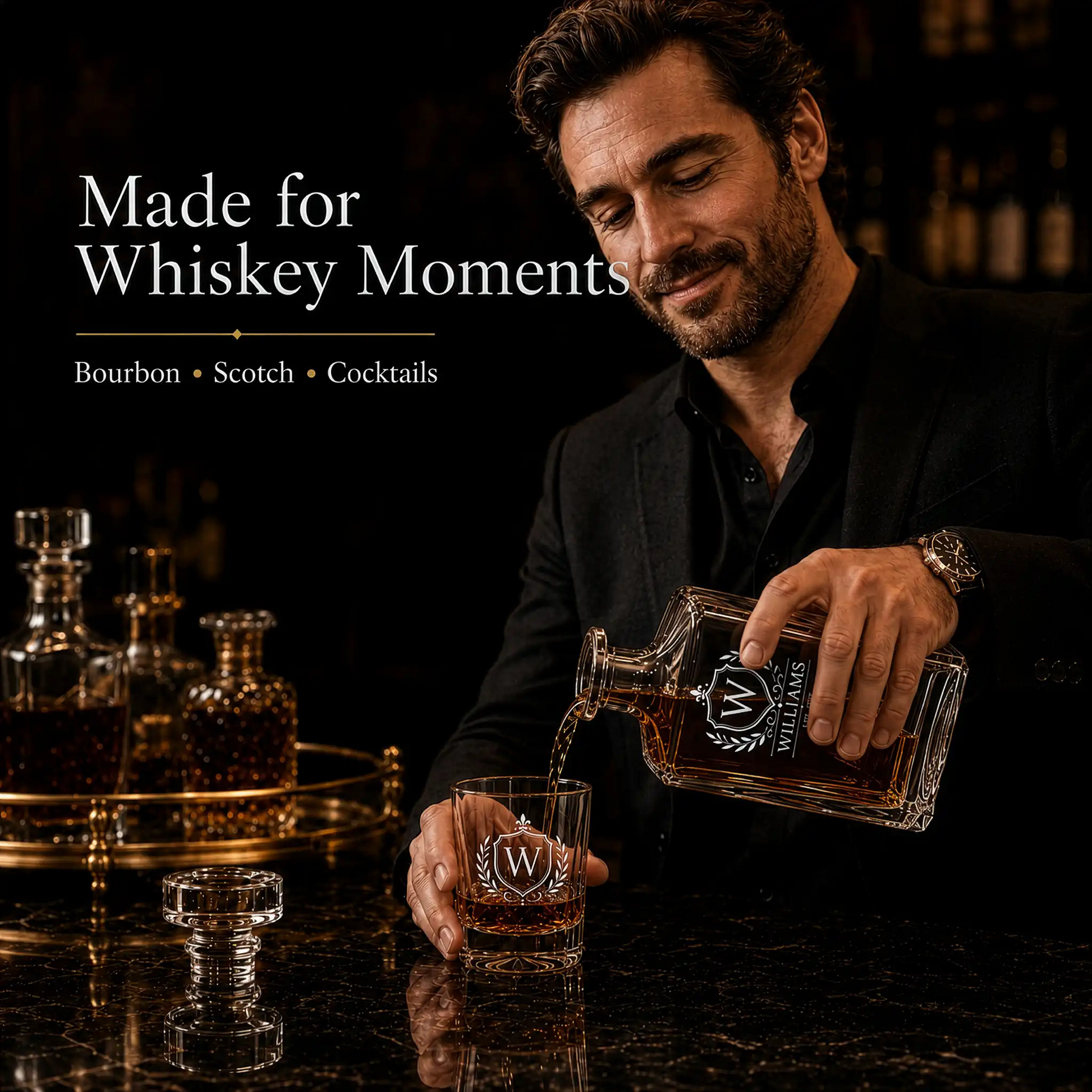 Man pouring bourbon from personalized engraved whiskey decanter into matching monogram rocks glass at home bar