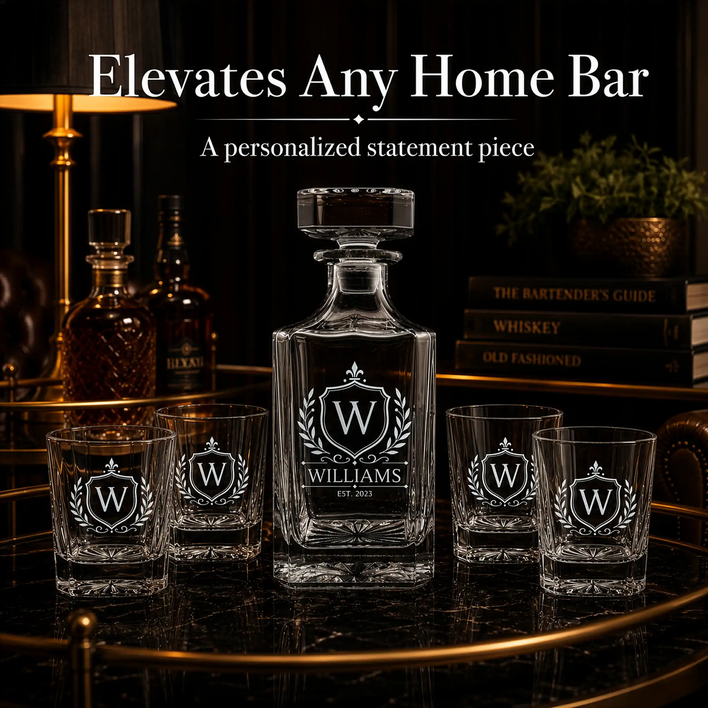 Personalized whiskey decanter and 4 engraved rocks glasses displayed on home bar tray as a statement piece
