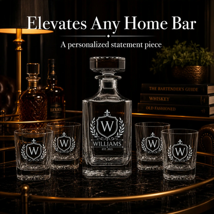 Personalized whiskey decanter and 4 engraved rocks glasses displayed on home bar tray as a statement piece

