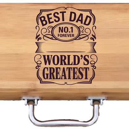 Wooden bbq grill set with engraved text 'Best Dad No.1 Forever World's Greatest' on a white background