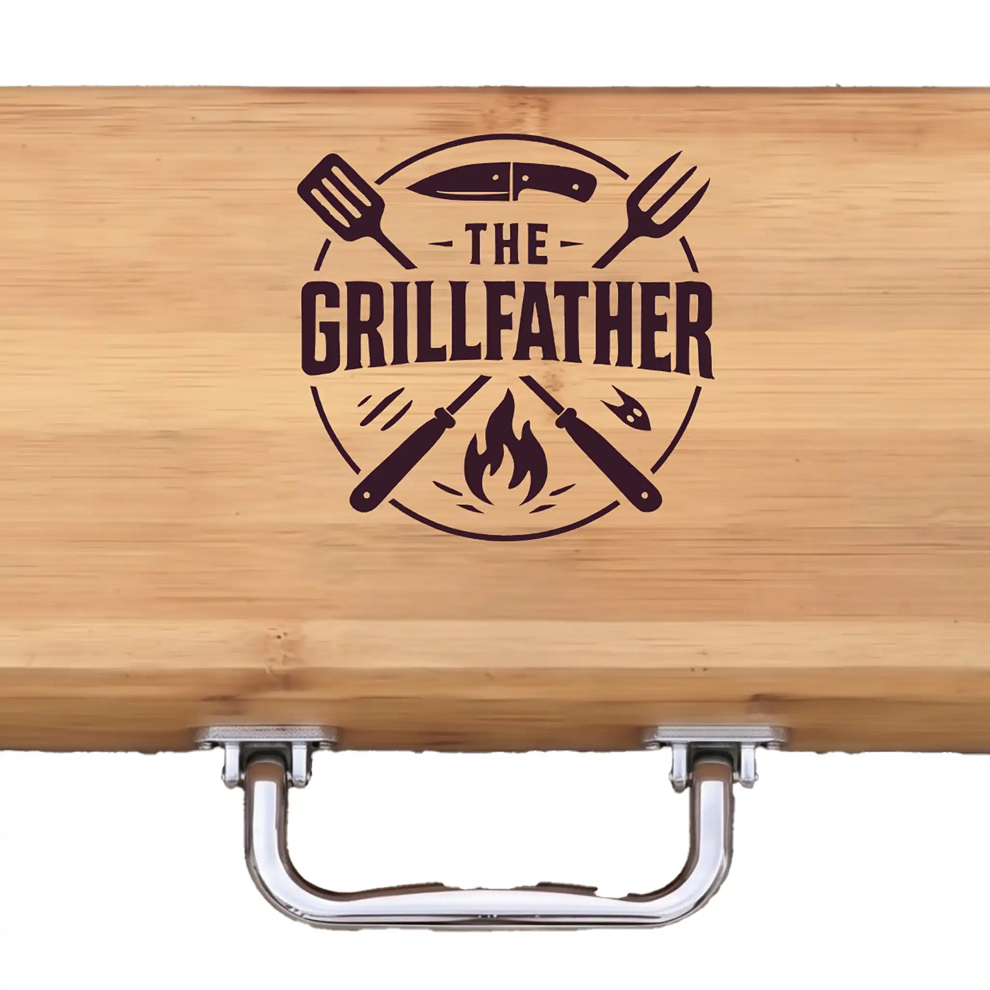 Wooden cutting board with 'The Grillfather' engraving on a white background
