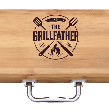 Wooden cutting board with 'The Grillfather' engraving on a white background