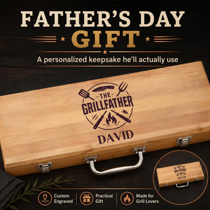 Wooden grill tool set with 'The Grillfather' engraving on a dark background