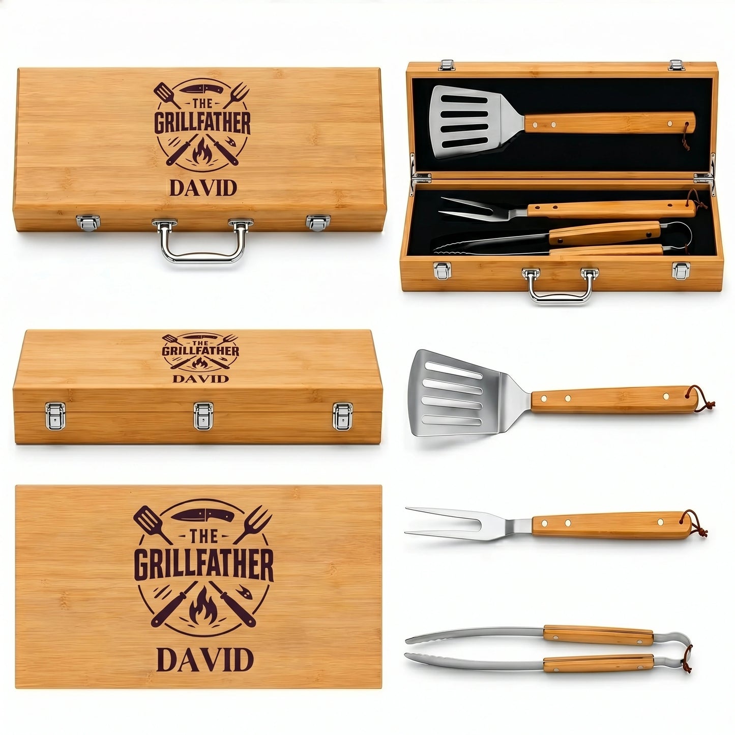 Set of barbecue tools in a wooden case with 'The Grillefather' branding.