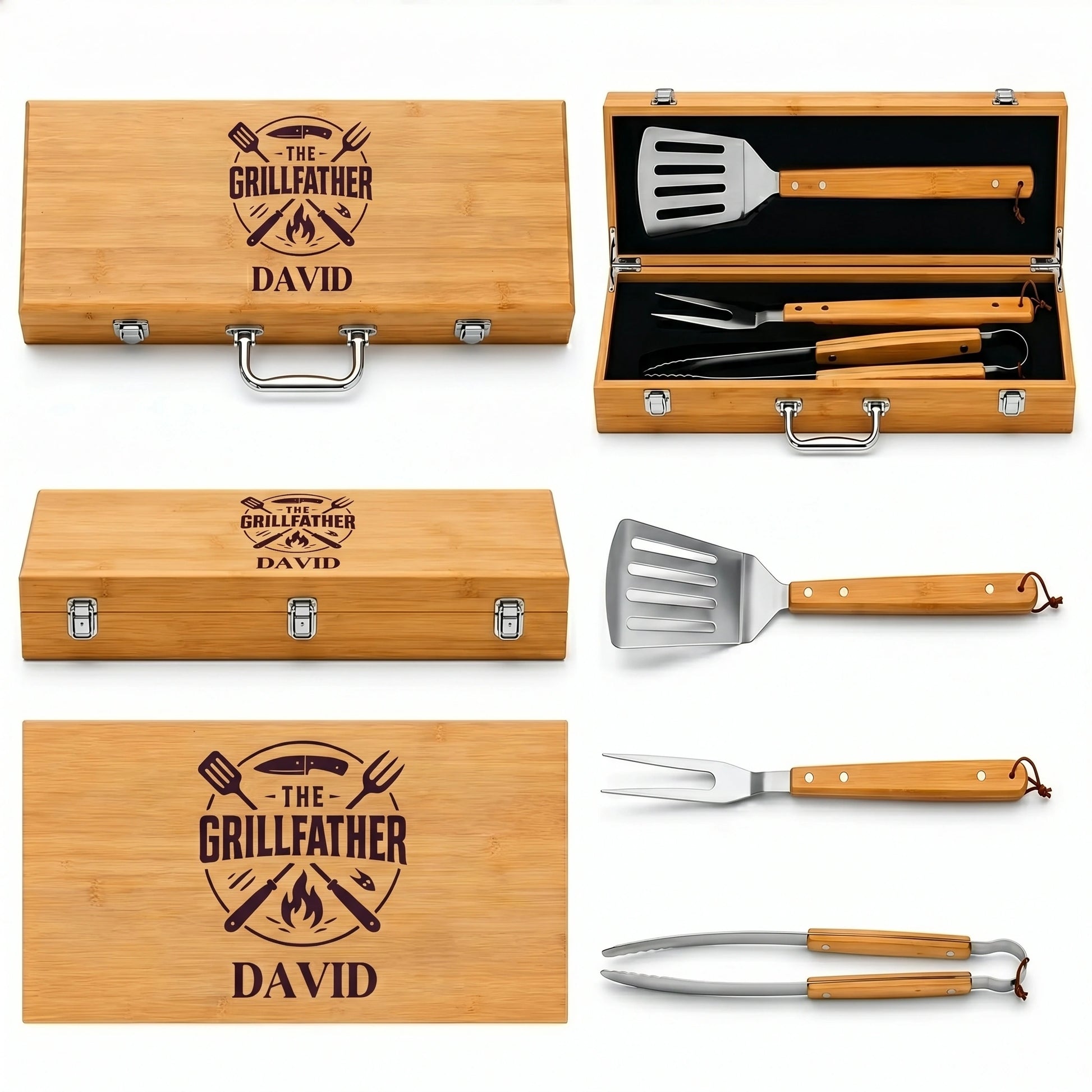 Set of barbecue tools in a wooden case with 'The Grillefather' branding.